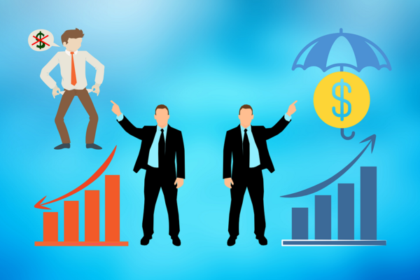 digitale Darstellung aufsteigende und absteigende Werte mit drei Personen