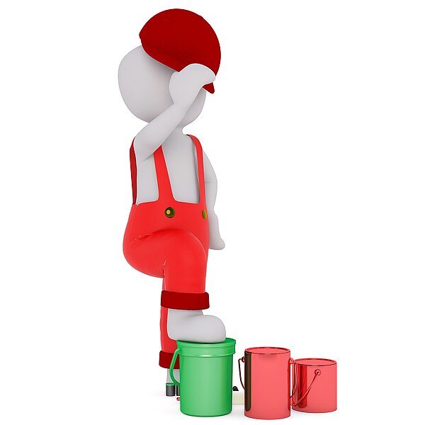 digitale Darstellung Figur die mit einem Bein auf Mahleimern steht