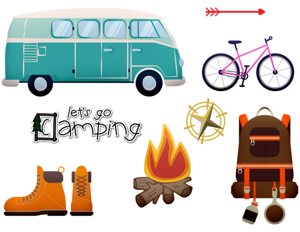 digitale Zeichnung Wohnwagen, Feuer, Rucksack und Stiefel